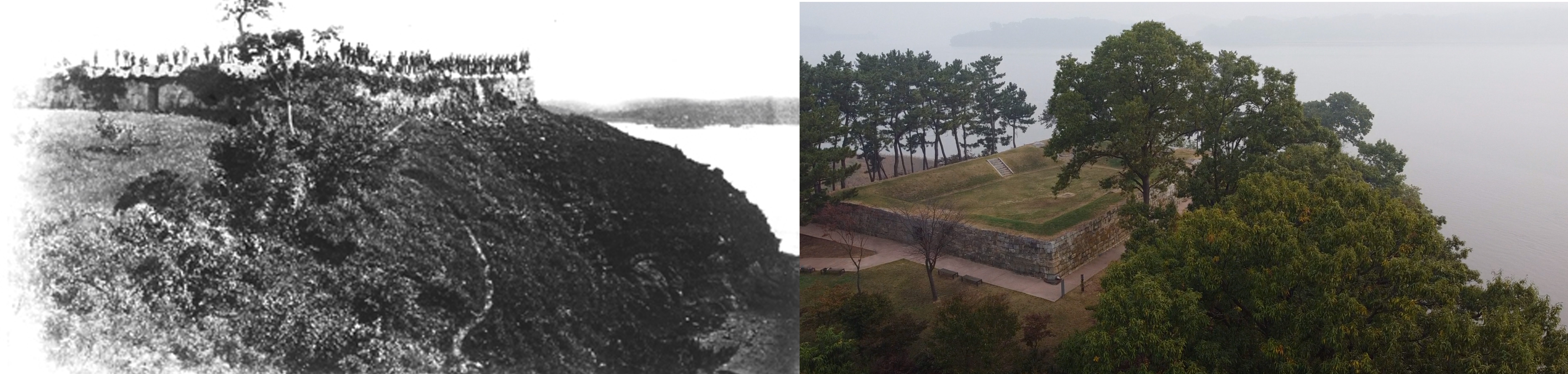 Felice Beato photo on the left of the US Marines on top of the Deokjin Fort in 1871/the same spot in 2021